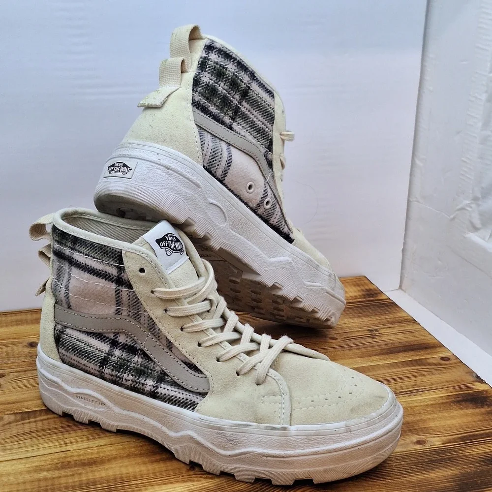 Women's Size 6.5 -‎ Rare Vans Sentry Sk8 Hi Plaid Turtle Dove Ultra Cush Shoes